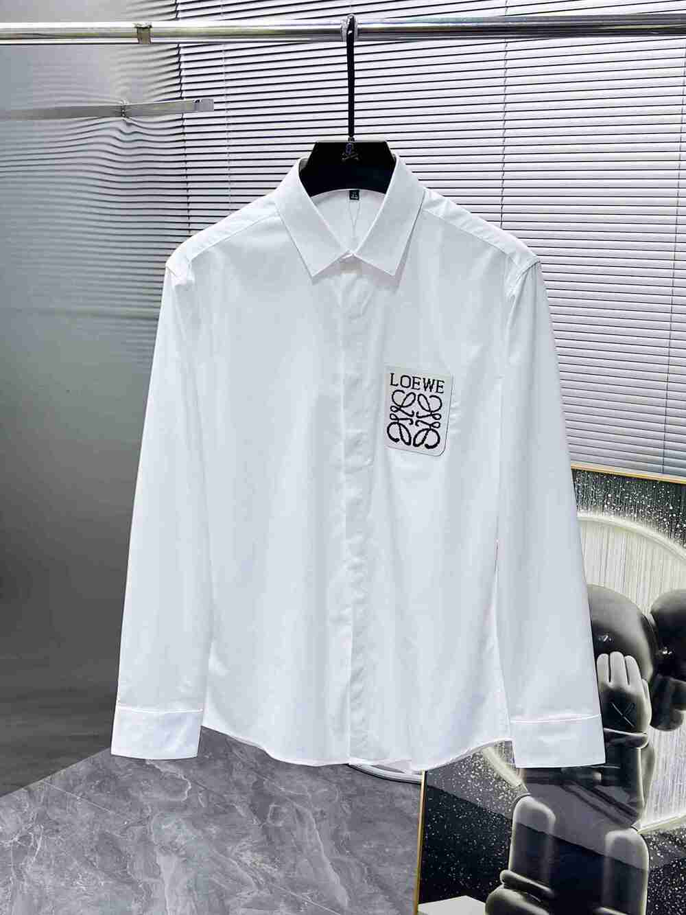 LOEWE Classic White Anagram Logo Patch Pocket Long Sleeve Shirt